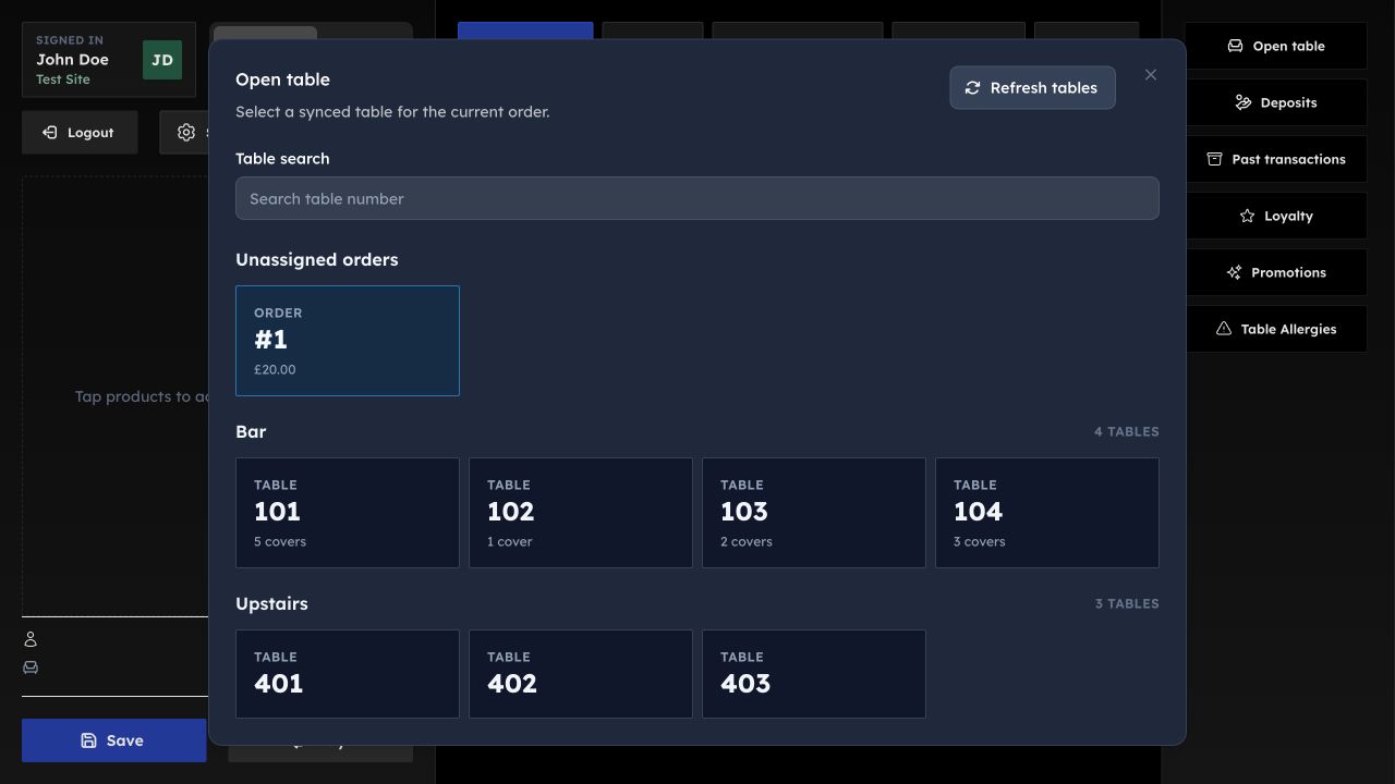 Picnic Till table selection screen